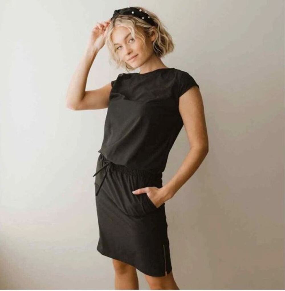 NWT Albion Going Places Dress Women's Size XL Black Cap Sleeve Drawstring Waist